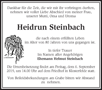 Traueranzeige von Heidrun Steinbach von Märkische Oderzeitung