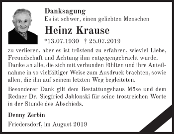 Traueranzeige von Heinz Krause von Märkische Oderzeitung