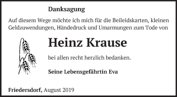 Traueranzeige von Heinz Krause von Märkische Oderzeitung