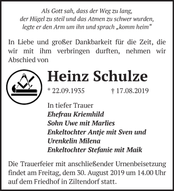 Traueranzeige von Heinz Schulze von Märkische Oderzeitung