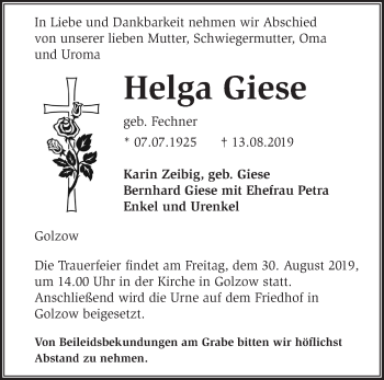 Traueranzeige von Helga Giese von Märkische Oderzeitung