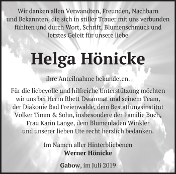 Traueranzeige von Helga Hönicke von Märkische Oderzeitung