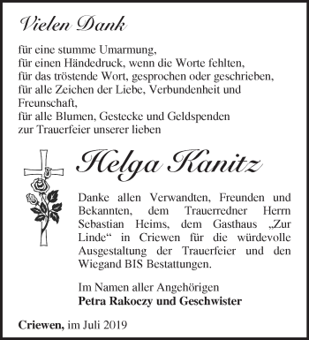 Traueranzeige von Helga Kanitz von Märkische Oderzeitung