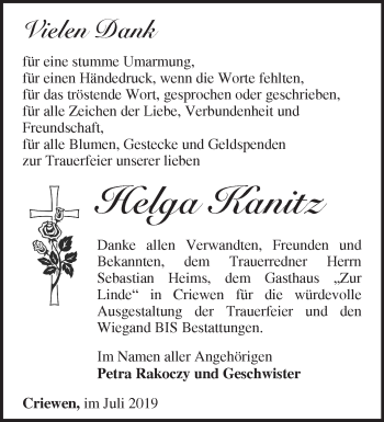 Traueranzeige von Helga Kanitz von Märkische Oderzeitung