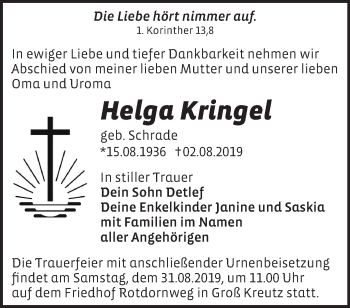 Traueranzeige von Helga Kringel von Märkische Oderzeitung