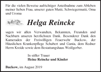 Traueranzeige von Helga Reincke von Märkische Oderzeitung