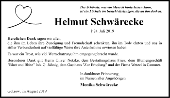 Traueranzeige von Helmut Schwärecke von Märkische Oderzeitung