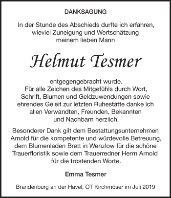 Traueranzeige von Helmut Tesmer von Märkische Oderzeitung