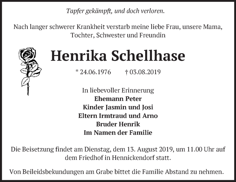  Traueranzeige für Henrika Schellhase vom 10.08.2019 aus Märkische Oderzeitung
