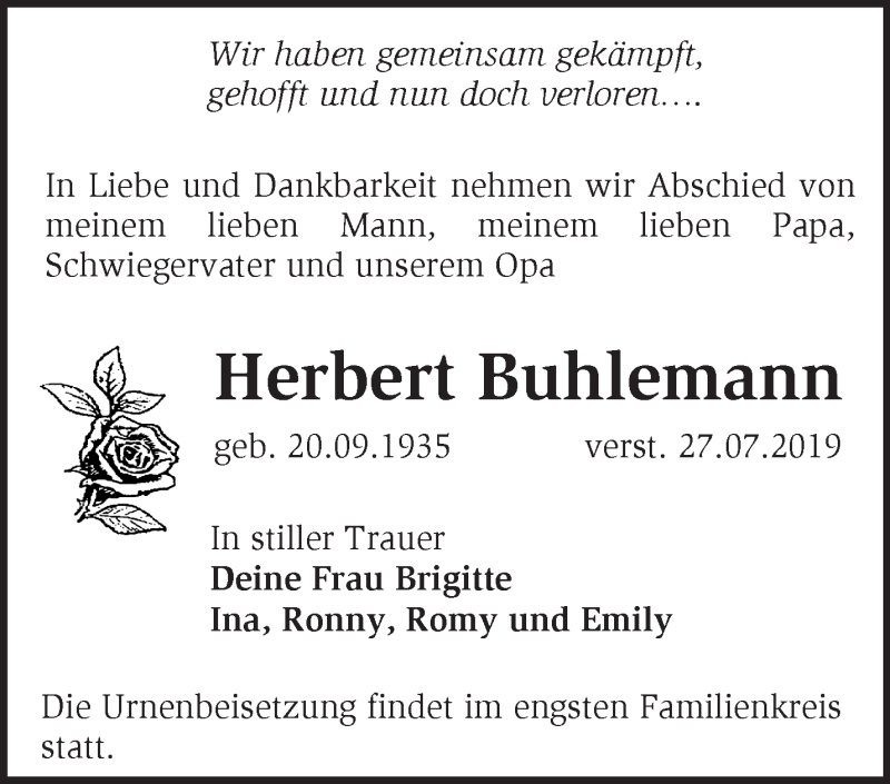  Traueranzeige für Herbert Buhlemann vom 04.08.2019 aus Märkische Oderzeitung