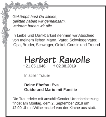 Traueranzeige von Herbert Rawolle von Märkische Oderzeitung