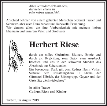 Traueranzeige von Herbert Riese von Märkische Oderzeitung