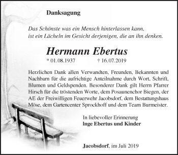 Traueranzeige von Hermann Ebertus von Märkische Oderzeitung