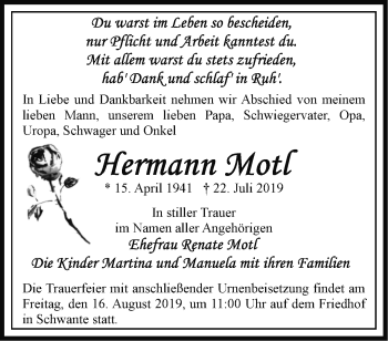 Traueranzeige von Hermann Motl von Märkische Oderzeitung