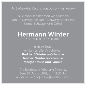 Traueranzeige von Hermann Winter von Märkische Oderzeitung