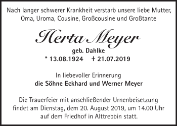 Traueranzeige von Herta Meyer von Märkische Oderzeitung