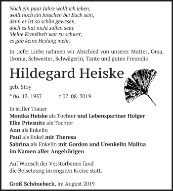 Traueranzeige von Hildegard Heiske von Märkische Oderzeitung