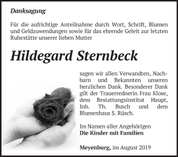 Traueranzeige von Hildegard Sternbeck von Märkische Oderzeitung