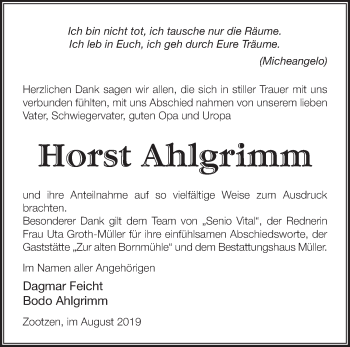 Traueranzeige von Horst Ahlgrimm von Märkische Oderzeitung