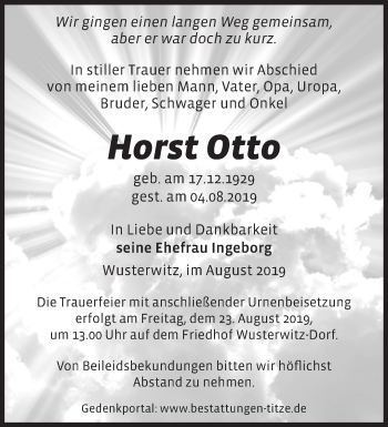 Traueranzeige von Horst Otto von Märkische Oderzeitung