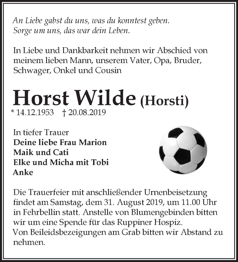  Traueranzeige für Horst Wilde vom 24.08.2019 aus Märkische Oderzeitung
