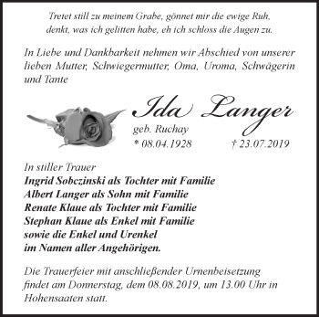 Traueranzeige von Ida Langer von Märkische Oderzeitung