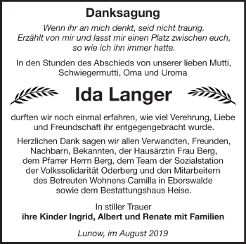 Traueranzeige von Ida Langer von Märkische Oderzeitung