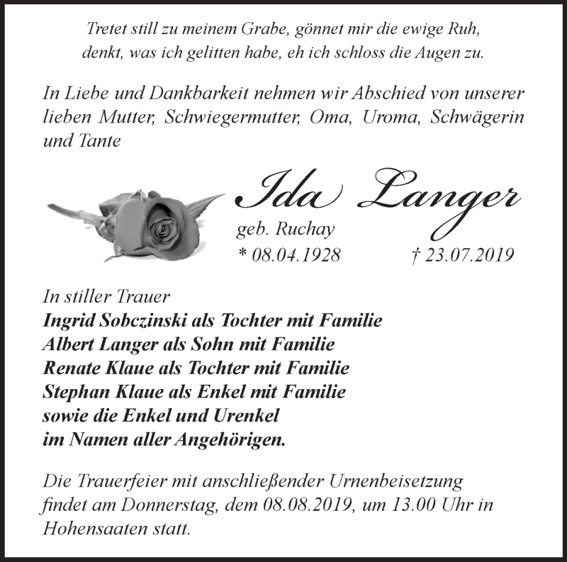  Traueranzeige für Ida Langer vom 04.08.2019 aus Märkische Oderzeitung