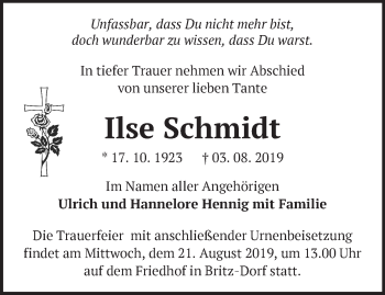 Traueranzeige von Ilse Schmidt von Märkische Oderzeitung