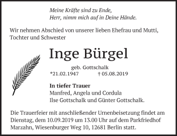 Traueranzeige von Inge Bürgel von Märkische Oderzeitung