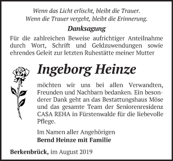 Traueranzeige von Ingeborg Heinze von Märkische Oderzeitung