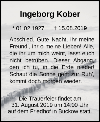 Traueranzeige von Ingeborg Kober von Märkische Oderzeitung