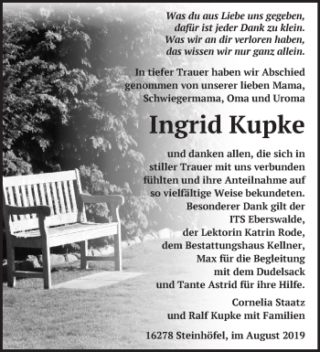 Traueranzeige von Ingrid Kupke von Märkische Oderzeitung