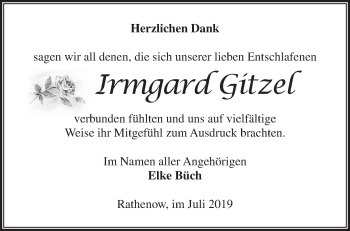 Traueranzeige von Irmgard Gitzel von Märkische Oderzeitung