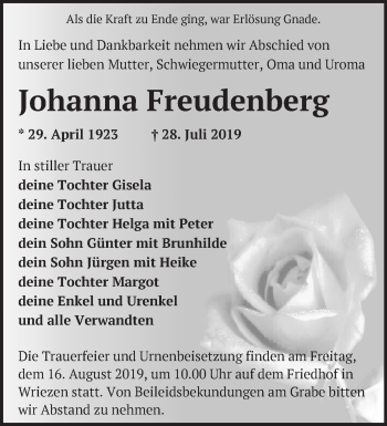 Traueranzeige von Johanna Freudenberg von Märkische Oderzeitung