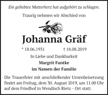 Traueranzeige von Johanna Gräf von Märkische Oderzeitung