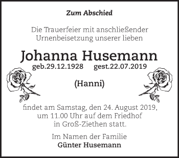 Traueranzeige von Johanna Husemann von Märkische Oderzeitung