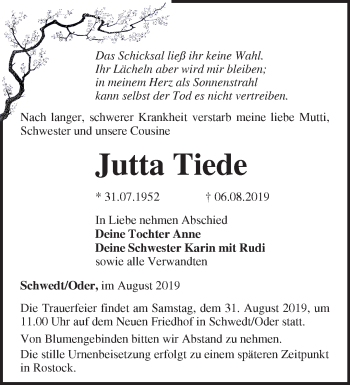 Traueranzeige von Jutta Tiede von Märkische Oderzeitung