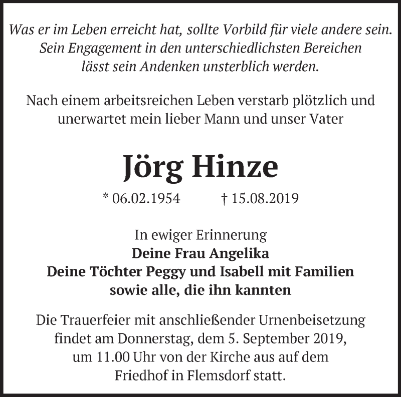  Traueranzeige für Jörg Hinze vom 25.08.2019 aus Märkische Oderzeitung
