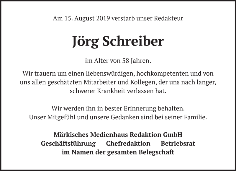 Traueranzeige für Jörg Schreiber vom 24.08.2019 aus Märkische Oderzeitung