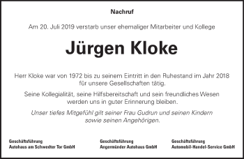 Traueranzeige von Jürgen Kloke von Märkische Oderzeitung