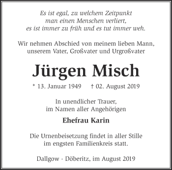 Traueranzeige von Jürgen Misch von Märkische Oderzeitung