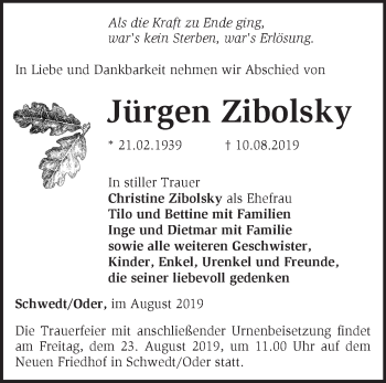 Traueranzeige von Jürgen Zibolsky von Märkische Oderzeitung