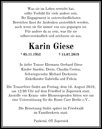 Traueranzeige von Karin Giese von Märkische Oderzeitung