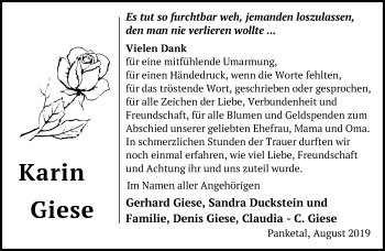 Traueranzeige von Karin Giese von Märkische Oderzeitung