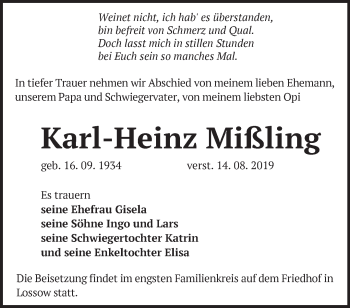 Traueranzeige von Karl-Heinz Mißling von Märkische Oderzeitung