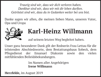 Traueranzeige von Karl-Heinz Willmann von Märkische Oderzeitung