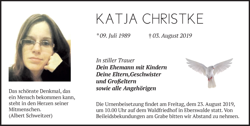  Traueranzeige für Katja Christke vom 18.08.2019 aus Märkische Oderzeitung