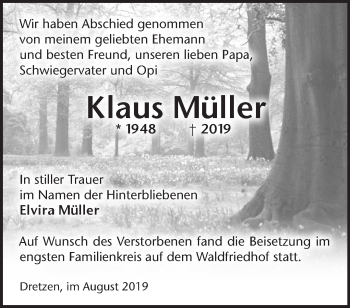 Traueranzeige von Klaus Müller von Märkische Oderzeitung