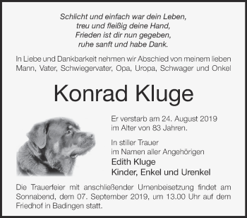 Traueranzeige von Konrad Kluge von Märkische Oderzeitung